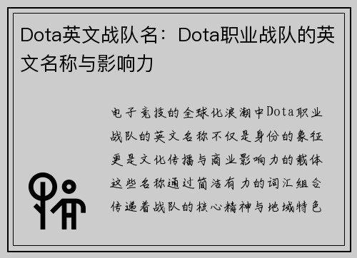 Dota英文战队名：Dota职业战队的英文名称与影响力