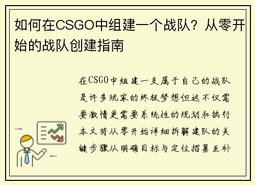 如何在CSGO中组建一个战队？从零开始的战队创建指南